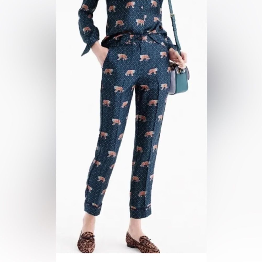 J.Crew 2 Navy Green Rust Tan Tiger Print Silk PJ Tux Style Shirt & Pant Set